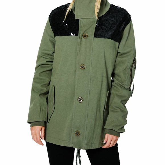 New Ramy Brook Celia Sequin Army Green Utility Jacket XL